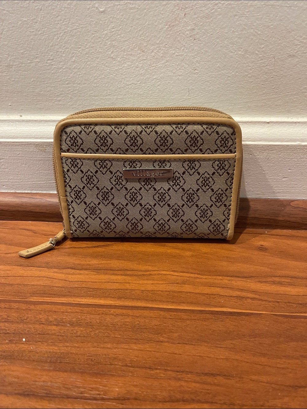 villager Beige and Brown Patterned Zip-Around Wallet